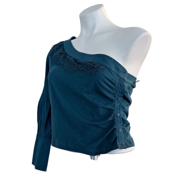 ANTHROPOLOGIE One Shoulder Puff Sleeve Lace Detail Top Dark Blue Size M NEW - Picture 3 of 8